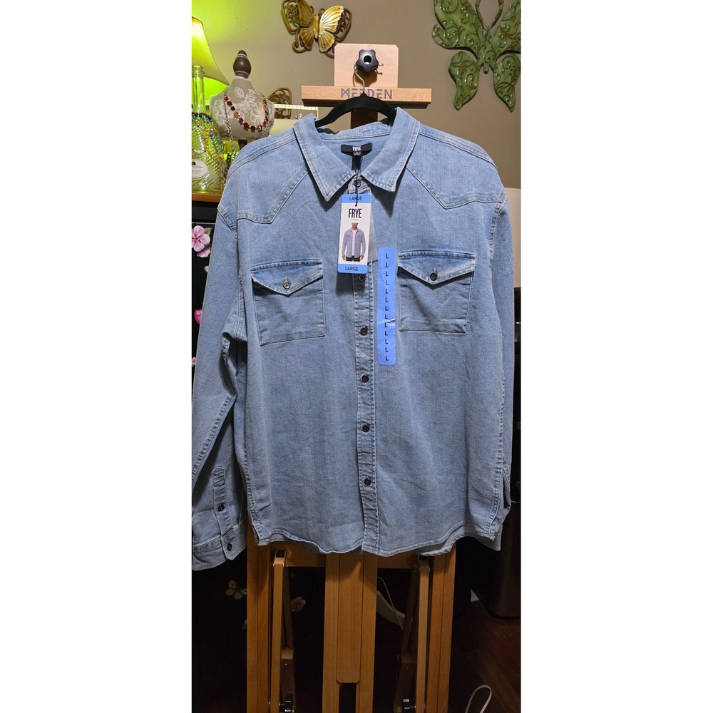 Frye Mens Western Vintage Denim Shirt Light Wash Long Sleeve Large NWT